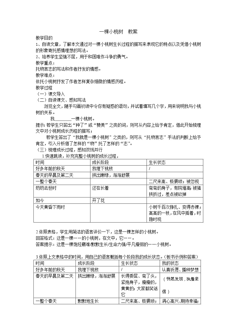 初中语文人教部编版七年级下册第五单元19* 一棵小桃树教案及反思