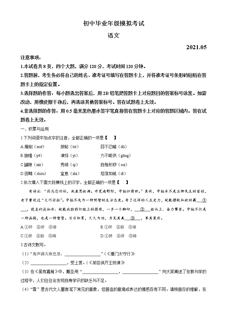 2021年河南省濮阳市二模语文试题01
