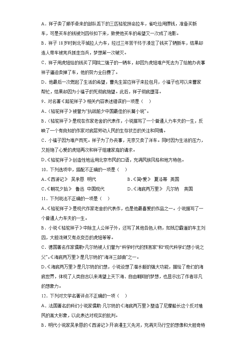 名著阅读《骆驼祥子》《海底两万里》专练2022年初中语文中考备考(含答案)第3页