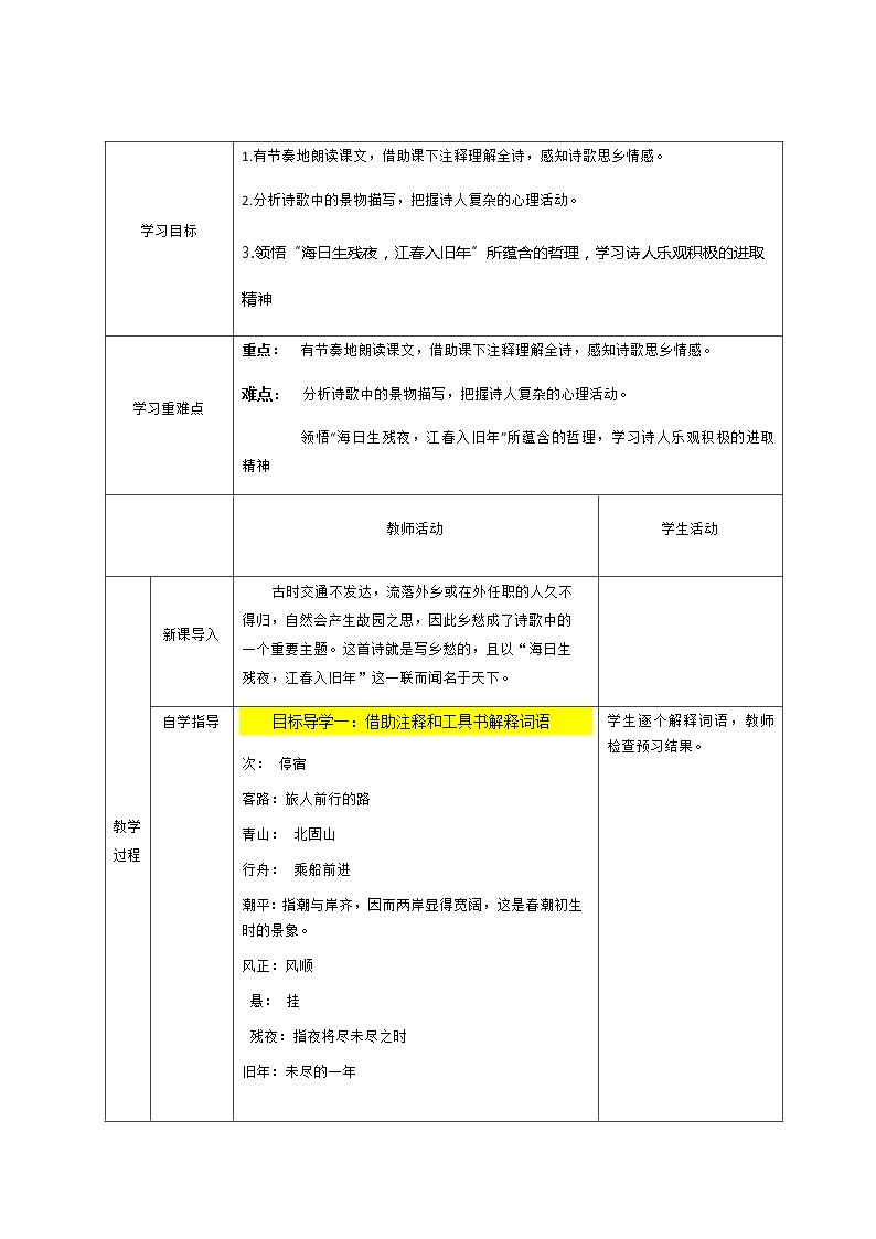 第4课《古代诗歌四首——次北固山下》教学设计 （表格式）02