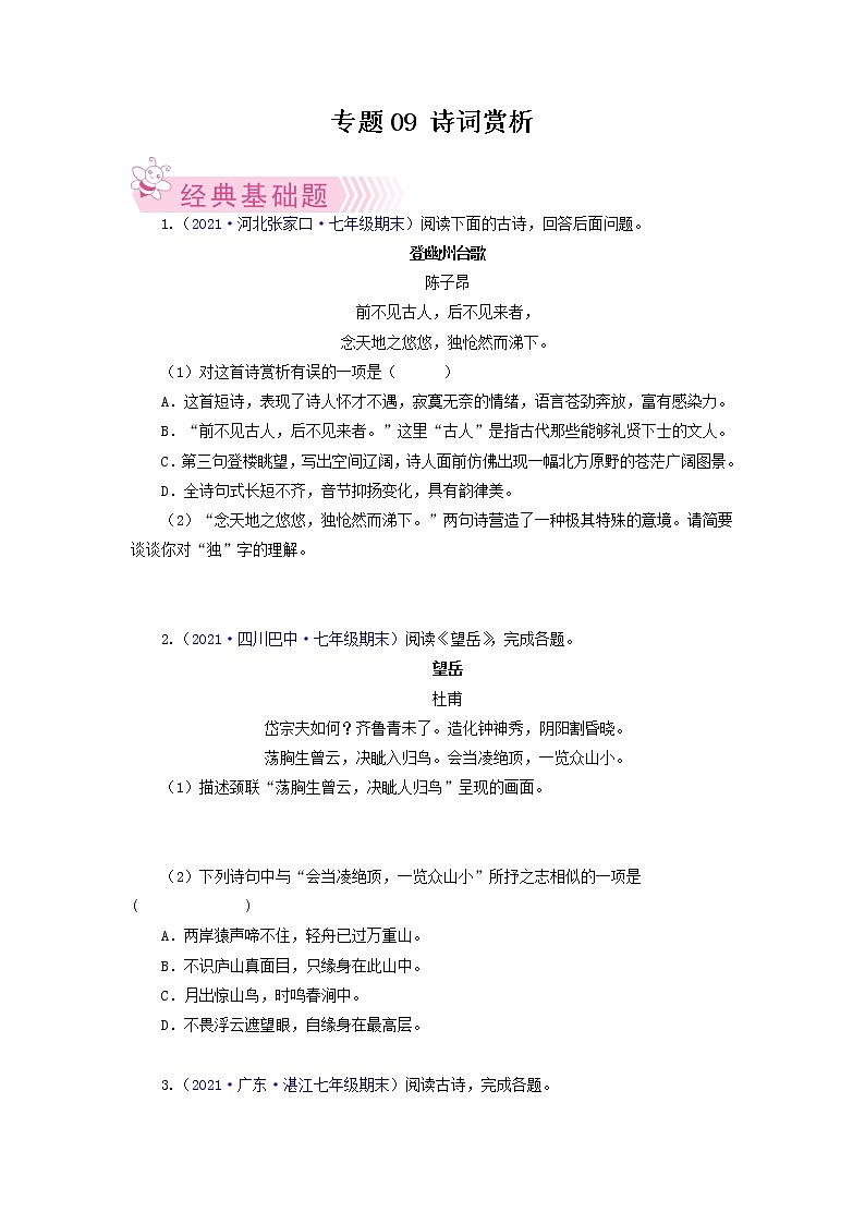 专题08: 诗词赏析-2021-2022学年七年级语文下学期期末考试专题汇编(部编版)(原卷版)第1页