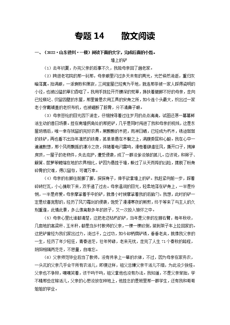 专题14 散文阅读(解析版)第1页