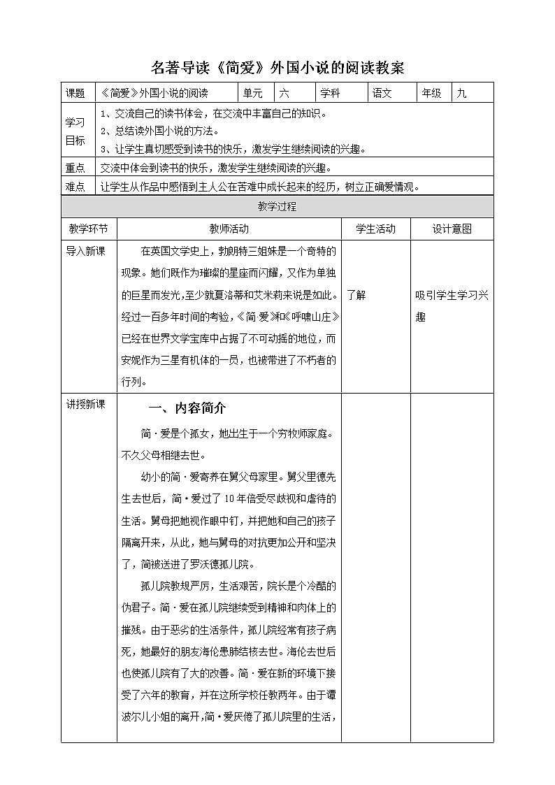 初中语文九下名著导读《简爱》外国小说的阅读 语文教案01