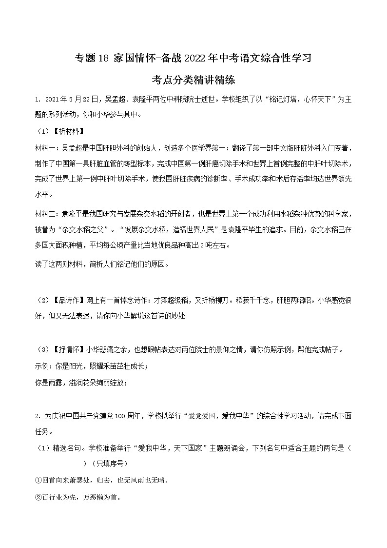 专题18 家国情怀-备战2022年中考语文综合性学习考点分类精讲精练(原卷版)第1页