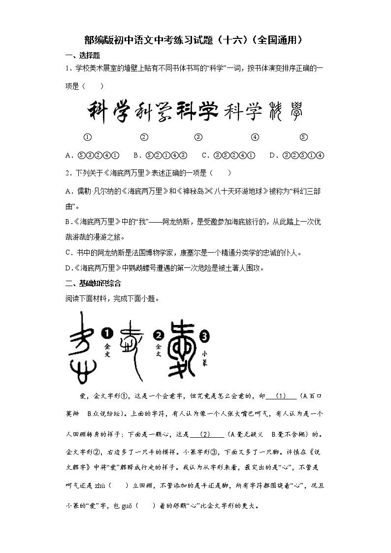 部编版初中语文中考练习试题(十六)(全国通用)01