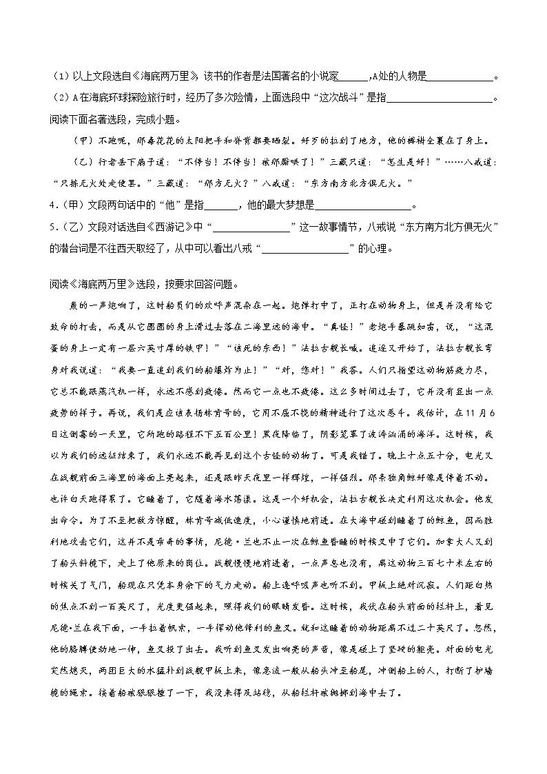 2021-2022学年七年级语文下册期末专项复习-专项训练03：名著阅读02