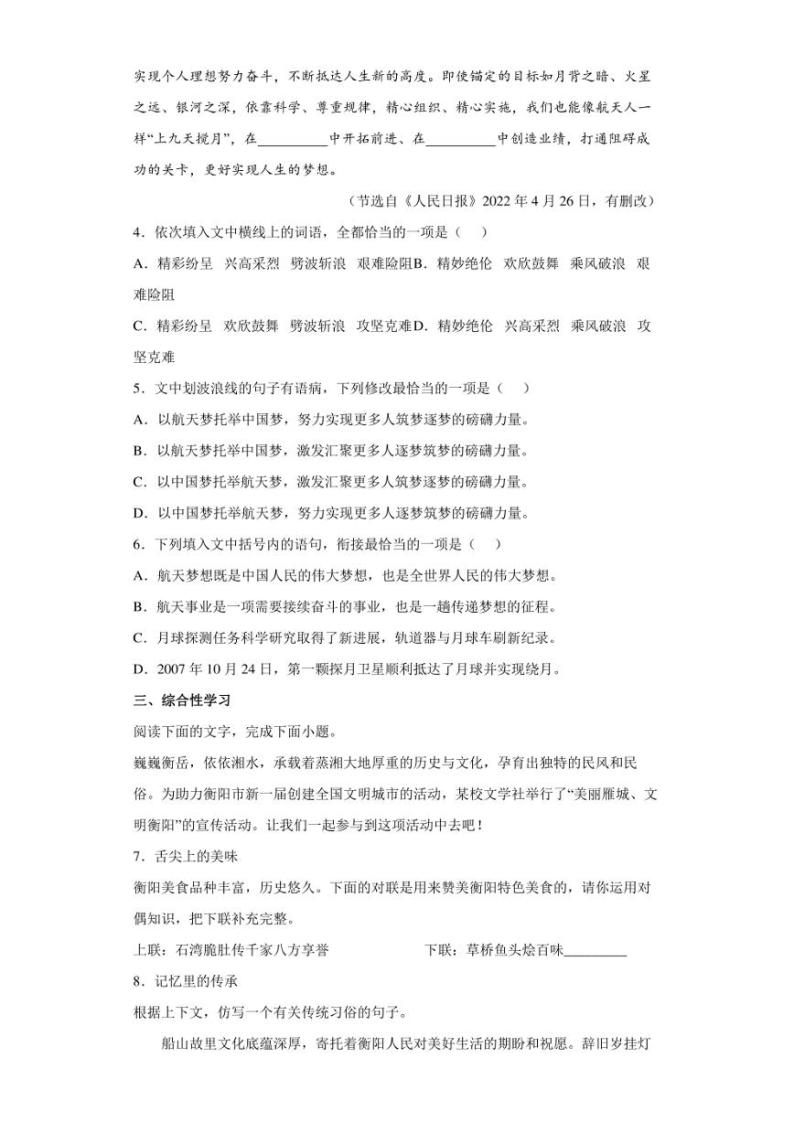 【中考真题】2022年湖南省衡阳市中考语文试卷（附答案）02