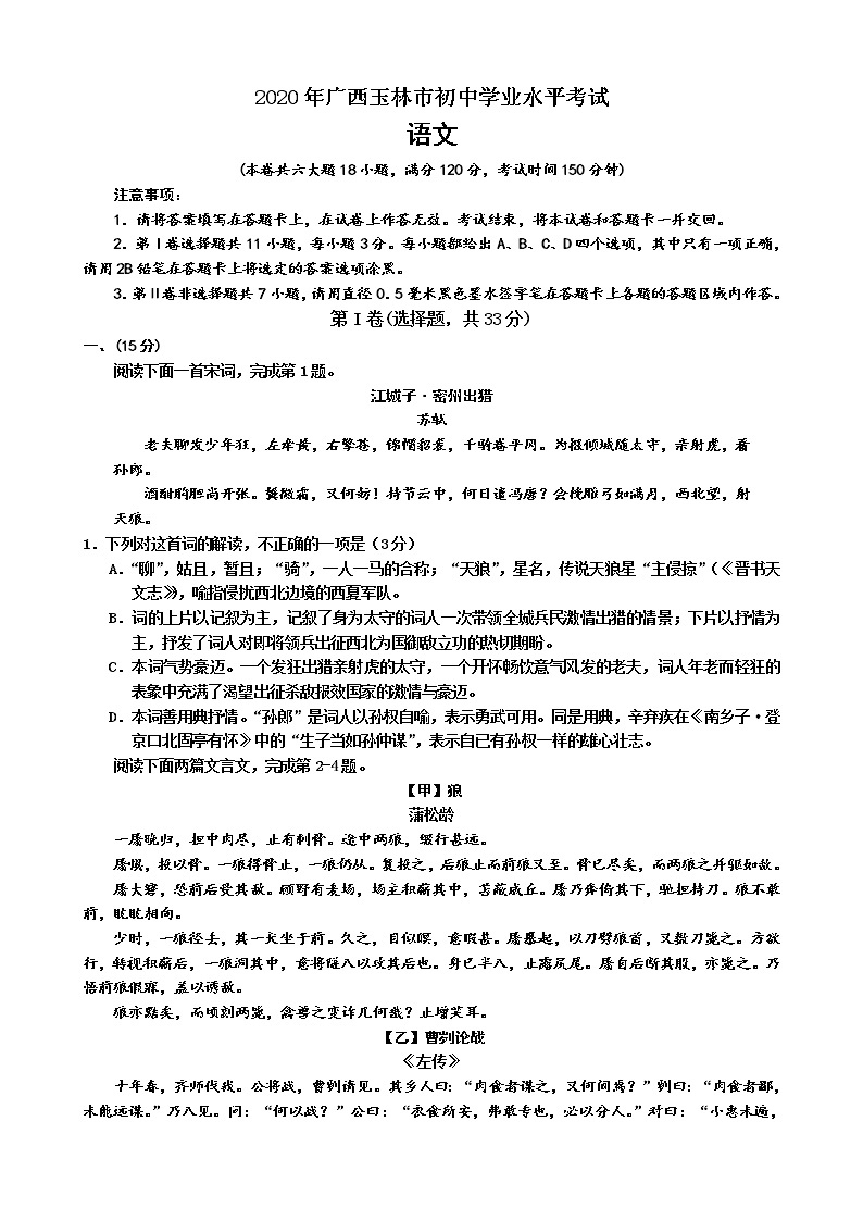 2020年广西玉林市初中学业水平考试语文（含答案）01