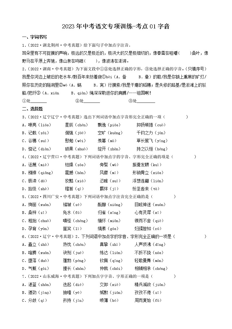 2023年中考语文专项训练-考点01字音 真题汇编第1页