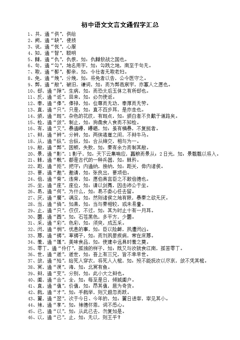 初中语文中考复习文言文通假字汇总(共93个)第1页