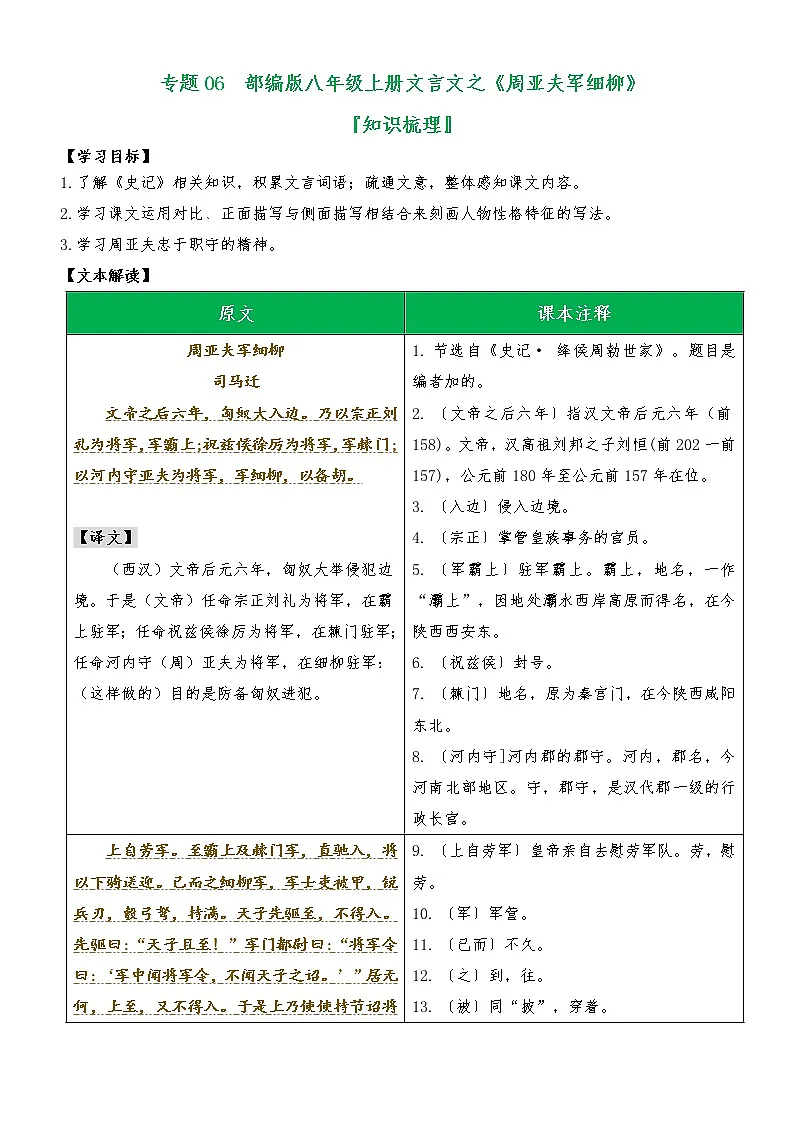 专题06 《周亚夫军细柳》(知识梳理)(解析版)第1页