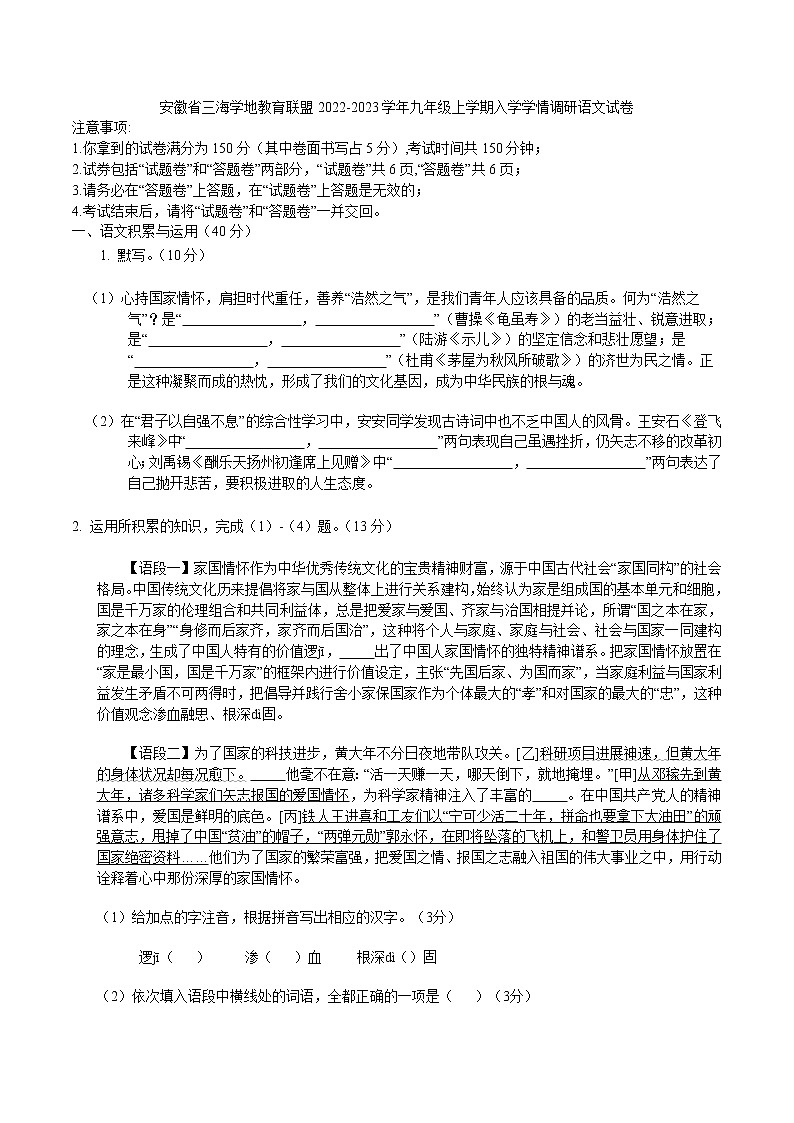 安徽省三海学地教育联盟2022-2023学年九年级上学期入学学情调研语文试卷(含答案)01