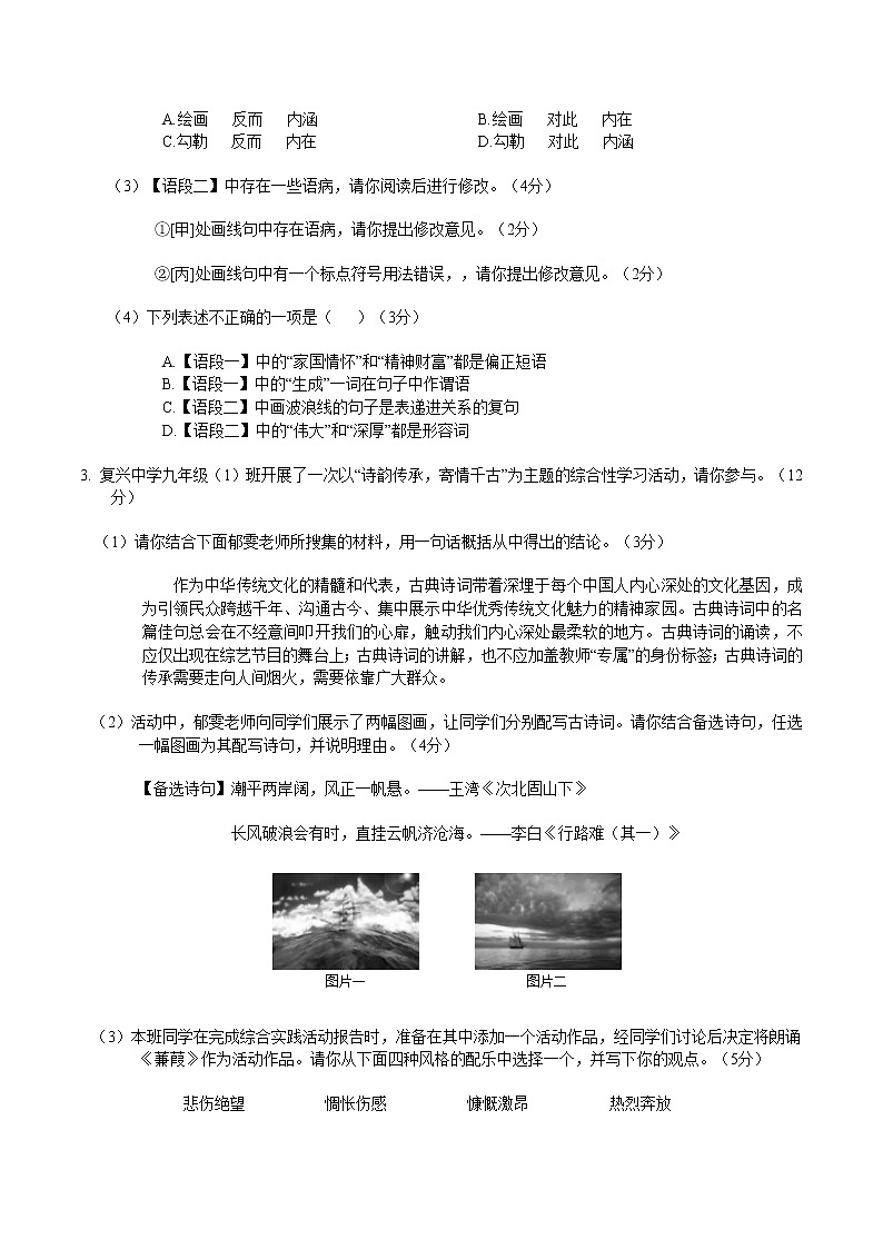 安徽省三海学地教育联盟2022-2023学年九年级上学期入学学情调研语文试卷(含答案)02
