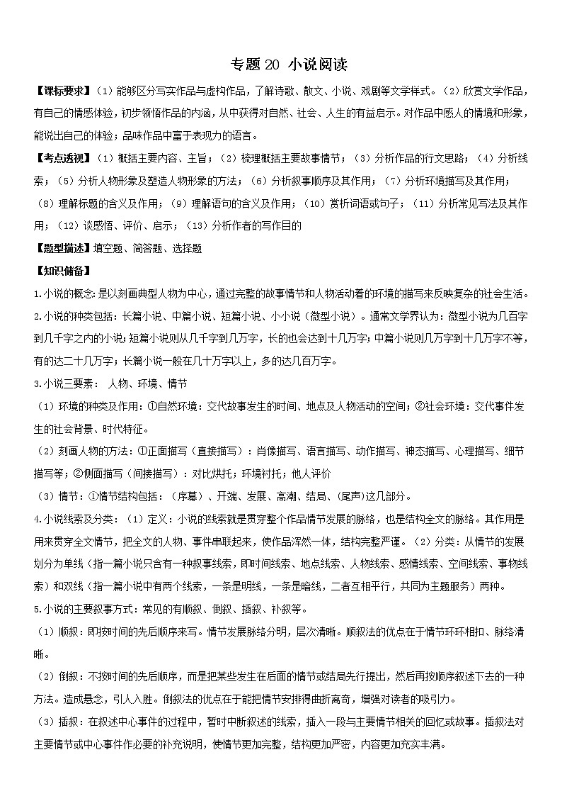 小说阅读(教师版)备战2023年中考部编版语文专题复习精编讲义第1页