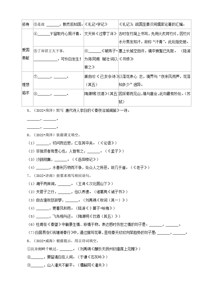 山东省各市2022年中考语文真题分题型分层汇编-06古诗词默写第2页