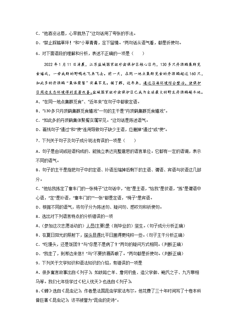 中考语文基础知识一轮复习:单句的类型第2页