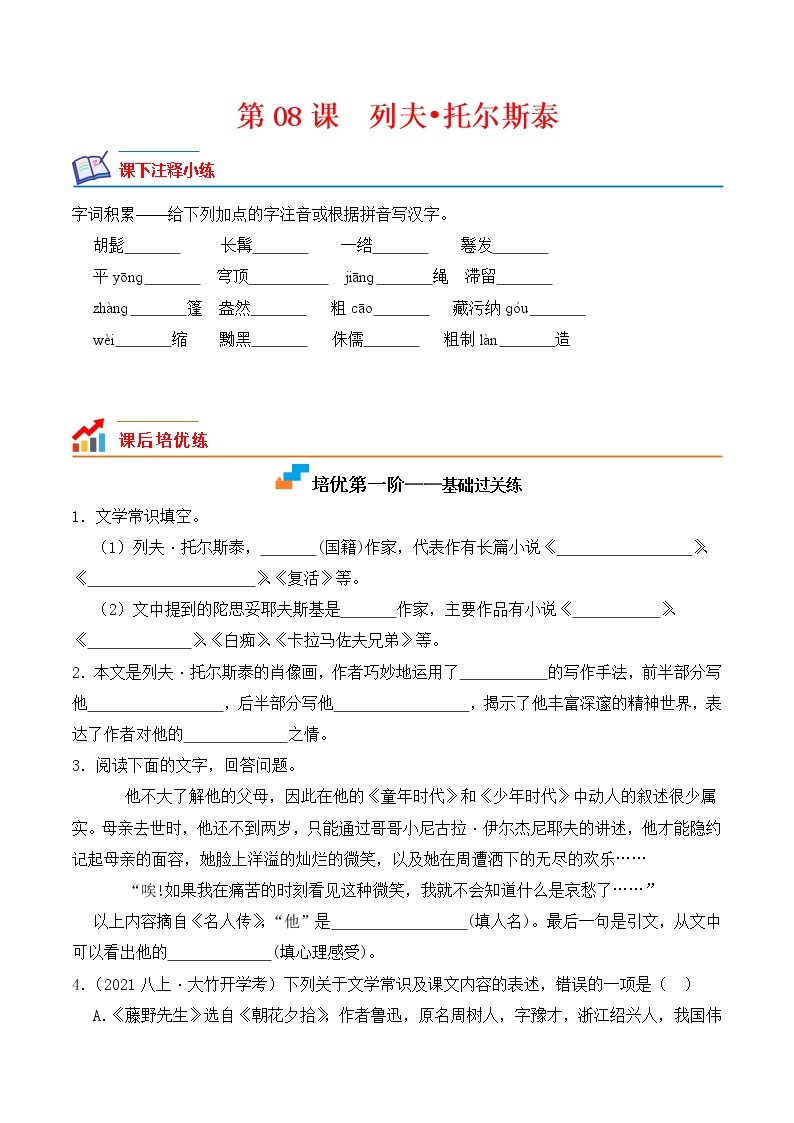 【培优分级练】部编版语文八年级上册 第08课《列夫托尔斯泰》培优分级练（含解析）01