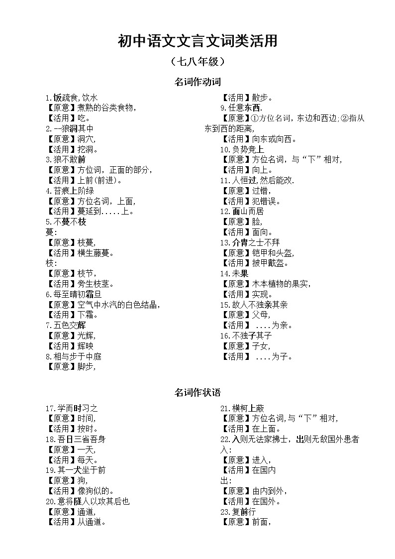 初中语文文言文词类活用汇总(全6册,逢考必有)第1页