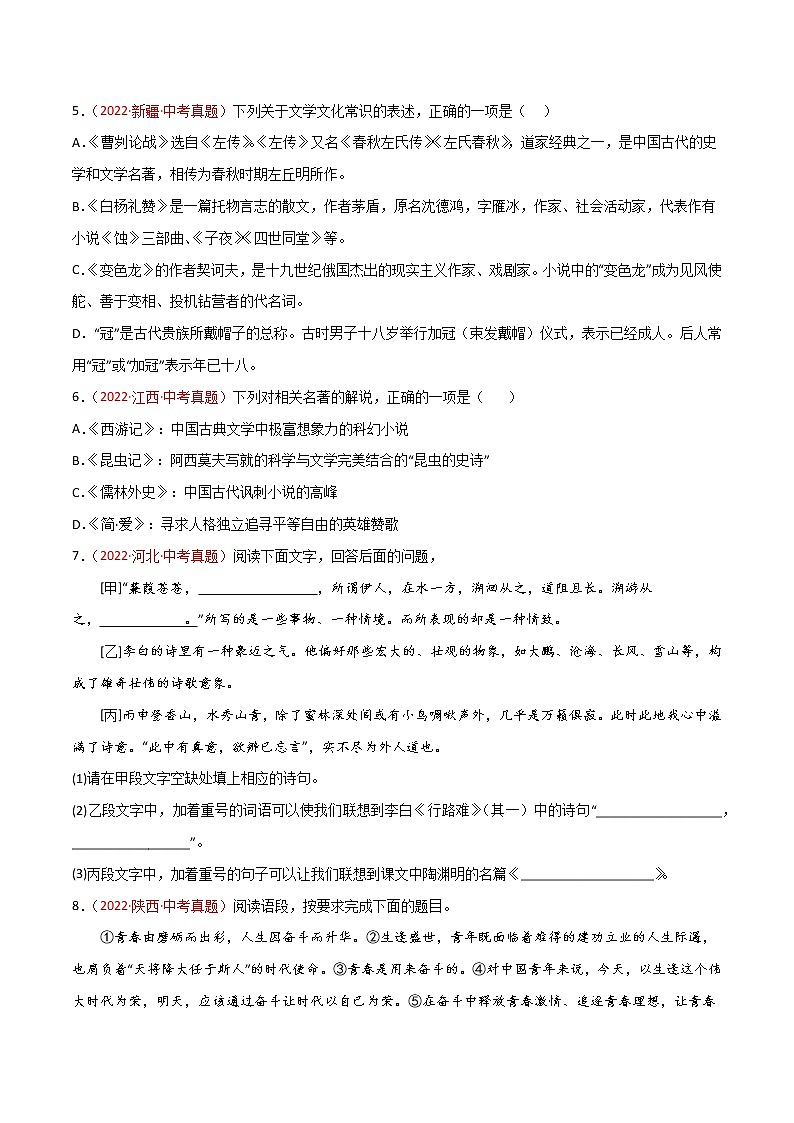 专题04 综合考查(句子、修辞、标点、文学文化常识)-三年(2020-2022)中考语文真题分项汇编(全国通用)(原卷版)第2页