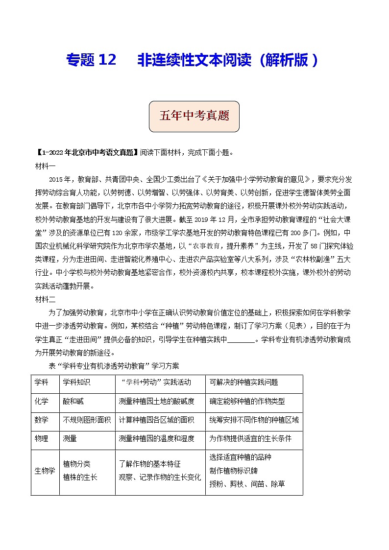 专题12  非连续性文本阅读 (原卷版)-5年(2018-2022)中考1年模拟语文分项汇编(北京专用)第1页
