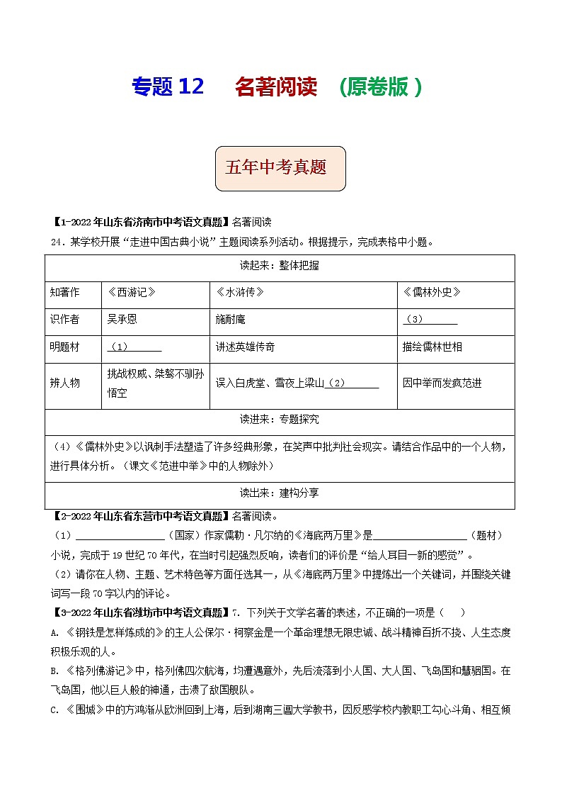 专题12 名著阅读 (原卷版)-5年(2018-2022)中考1年模拟语文分项汇编(山东专用)第1页
