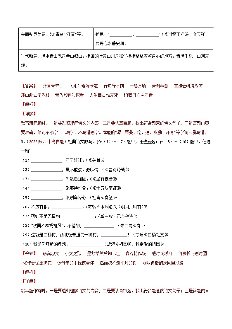 專題06 名句名篇默寫-三年（2020-2022）中考語文真題分項匯編（全國通用）（解析版）第2頁
