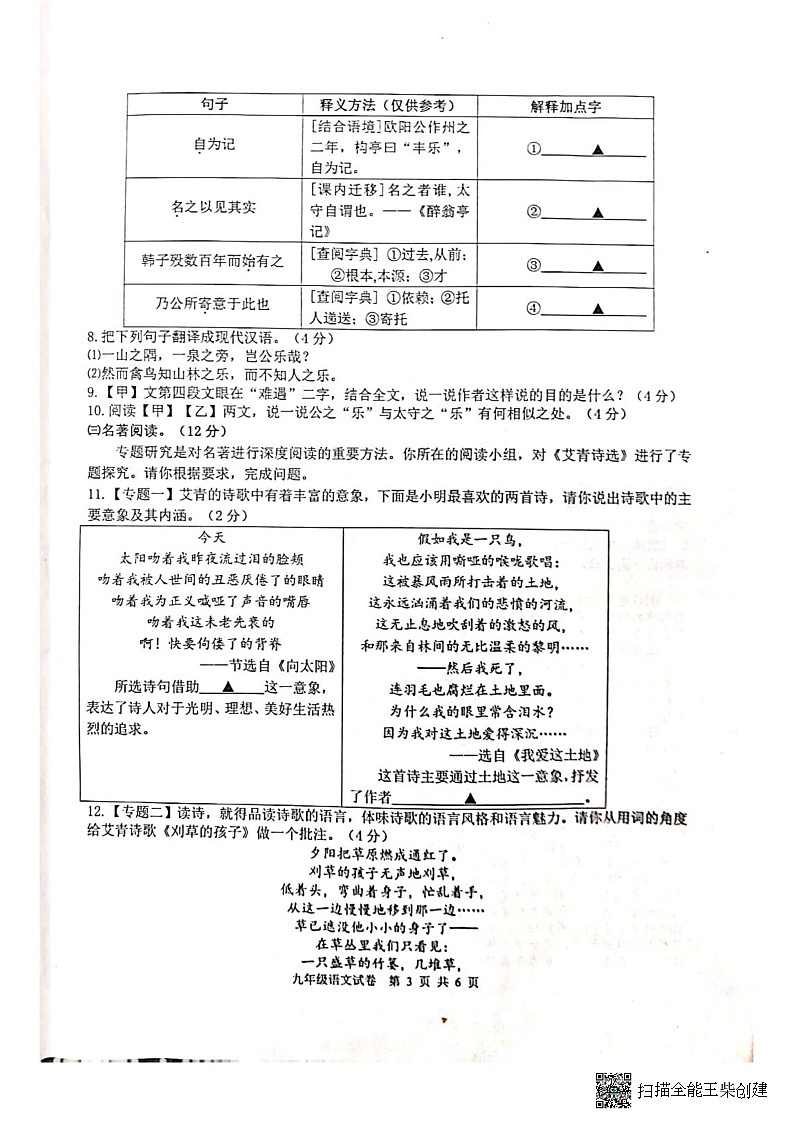 江苏省淮安市涟水县2022-2023学年九年级上学期期中测试语文试题第3页