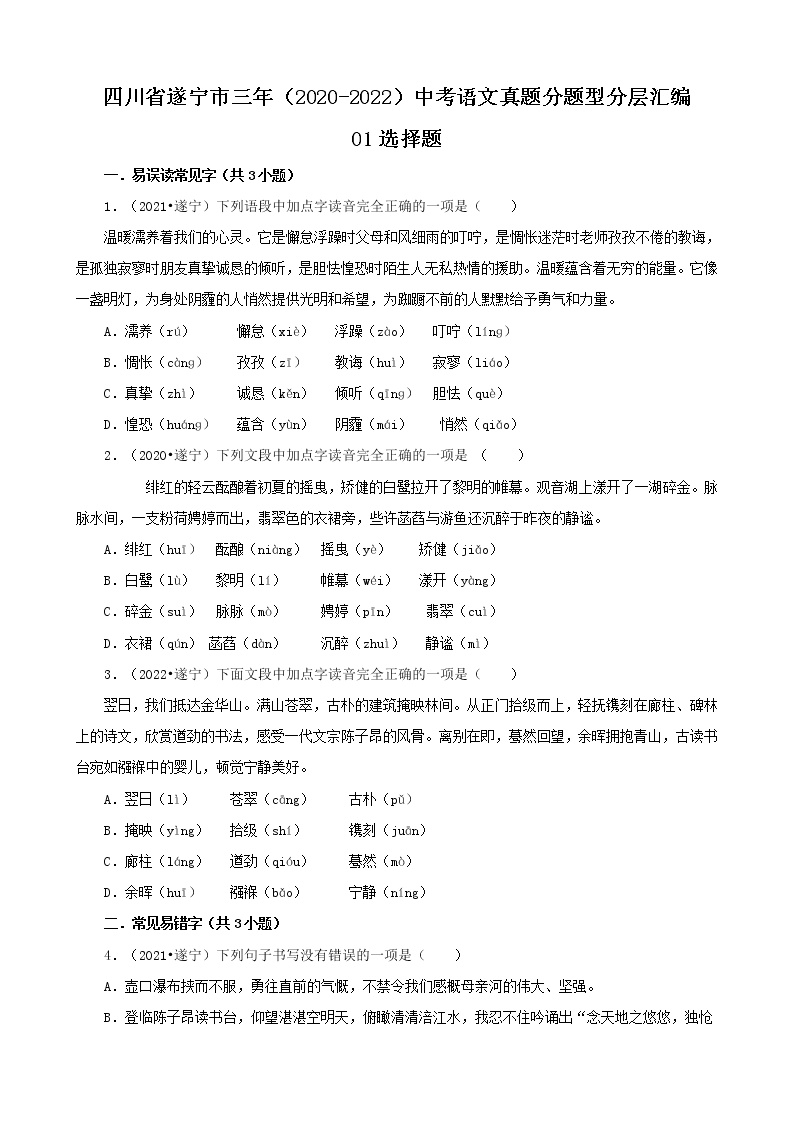 四川省遂宁市三年（2020-2022）中考语文真题分题型分层汇编-01选择题