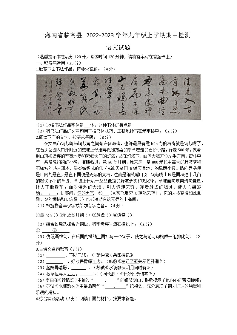 海南省临高县 2022-2023学年九年级上学期期中检测语文试题(含答案)01
