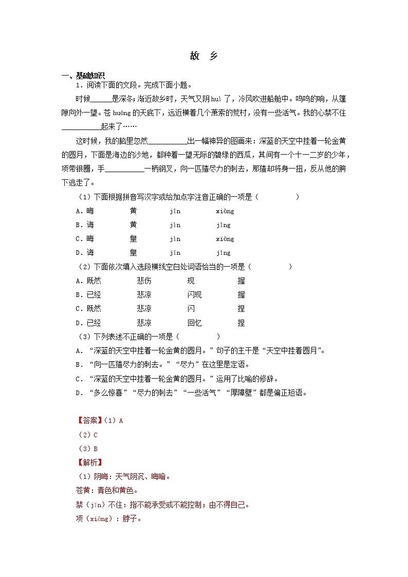 2022-2023学年九年级语文上册知识梳理与能力训练01 故乡第1页