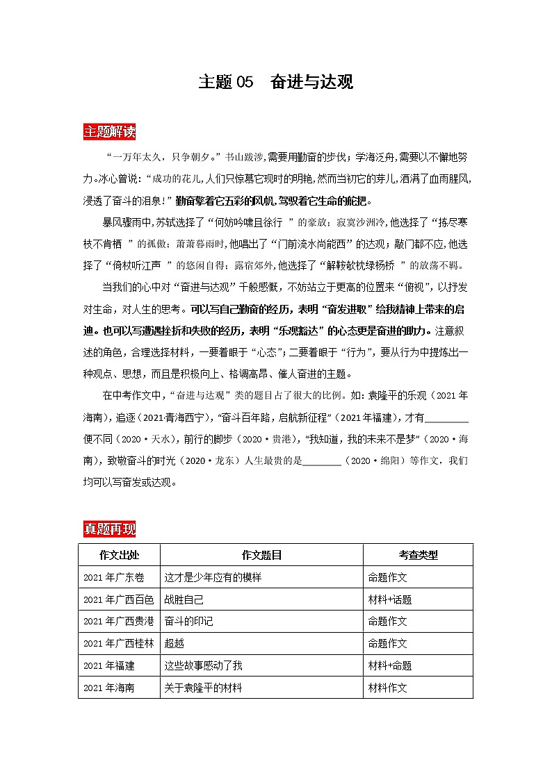 主题05 奋进与达观-中考语文考前必背满分作文30篇01
