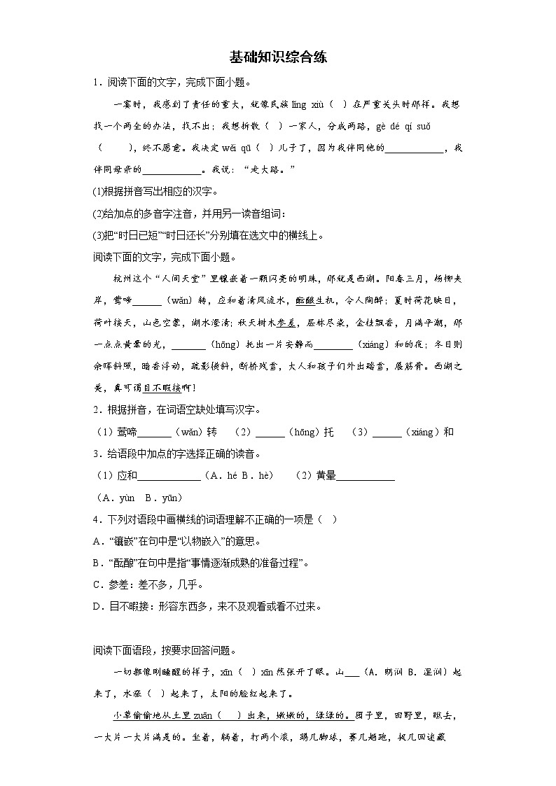基礎知識綜合練習2022-2023學年部編版語文七年級上冊第1頁