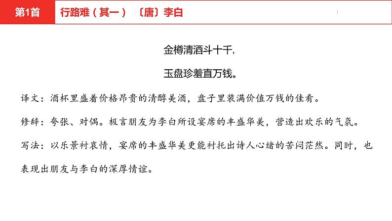 中考总复习语文(河南)古诗文专题二古诗词曲鉴赏与默写第1首行路难(其一)课件第4页