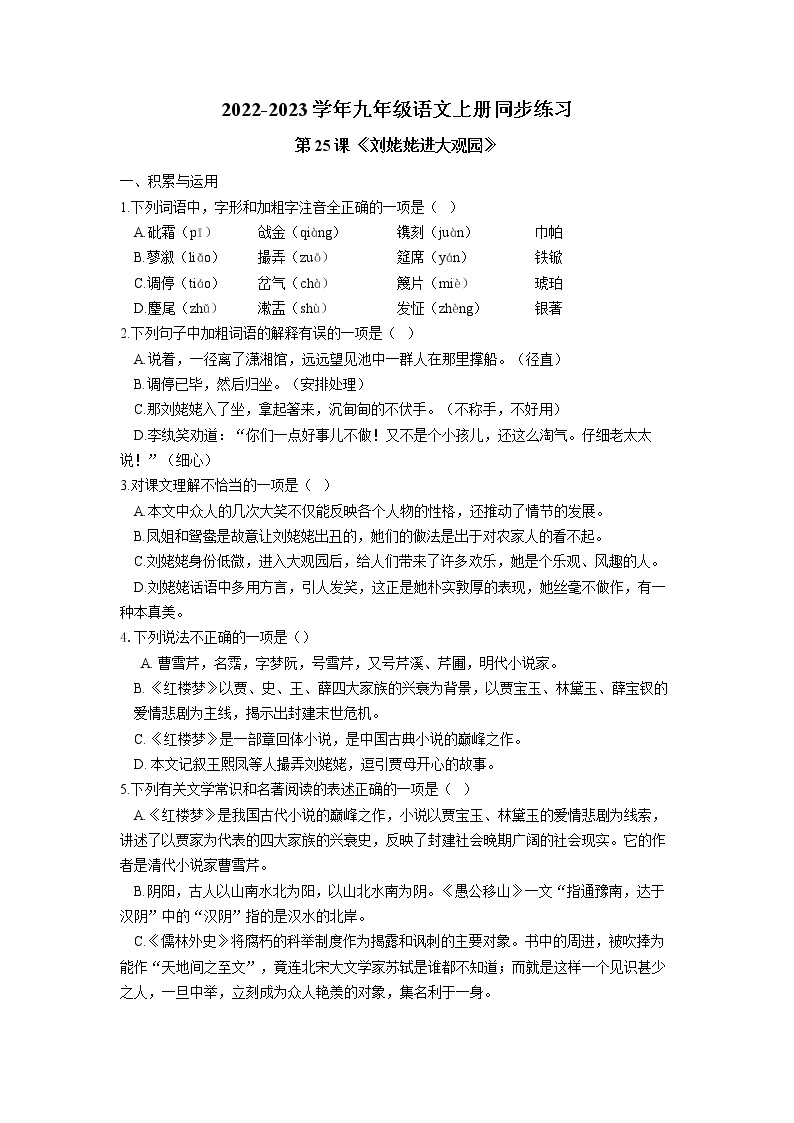 第25课《刘姥姥进大观园》同步练习 2022—2023学年部编版语文九年级上册01