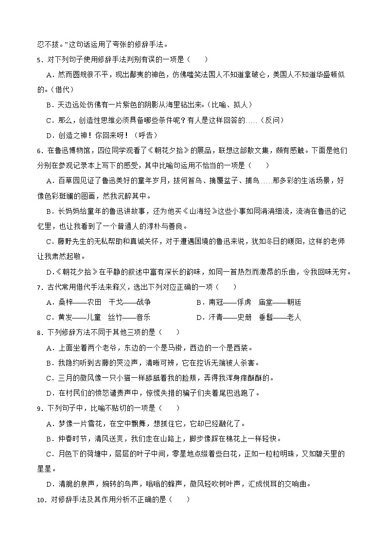 部编版语文九年级上学期期末专项复习——修辞手法(原卷版)第2页