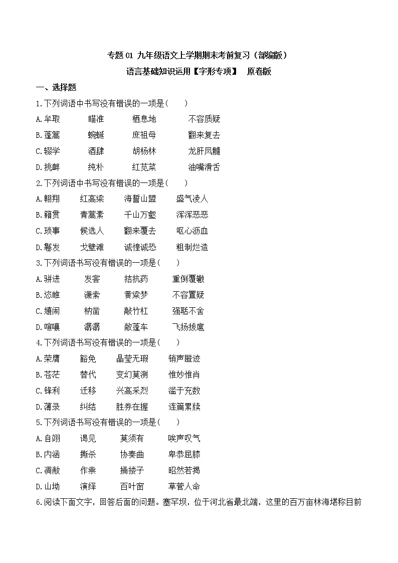 【期末专项备考】部编版语文九年级上学期 期末考前复习-专题01:基础知识运用之字形专项01