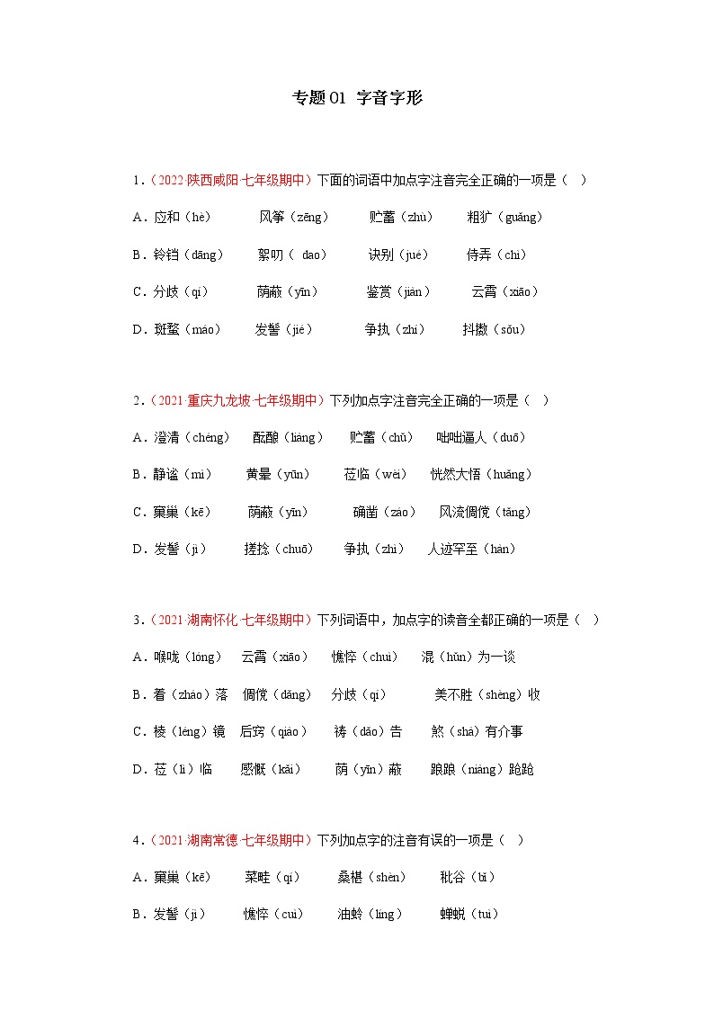 专题01：字音字形（专题过关）-2022-2023学年七年级语文上学期期中期末考点大串讲（含解析） (2)