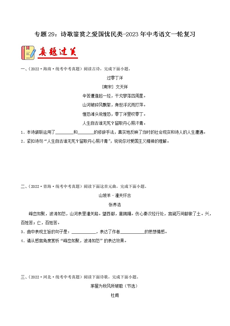 专题29:诗歌鉴赏之爱国忧民类【习题精练】-备战2023年中考语文一轮复习(全国通用) (原卷版)第1页