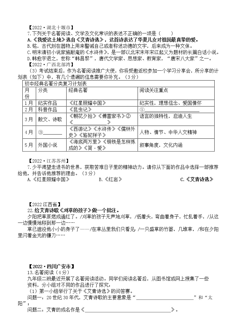 初中语文2023中考名著阅读《艾青诗选》专项练习（2022中考真题，附参考答案和解析）02