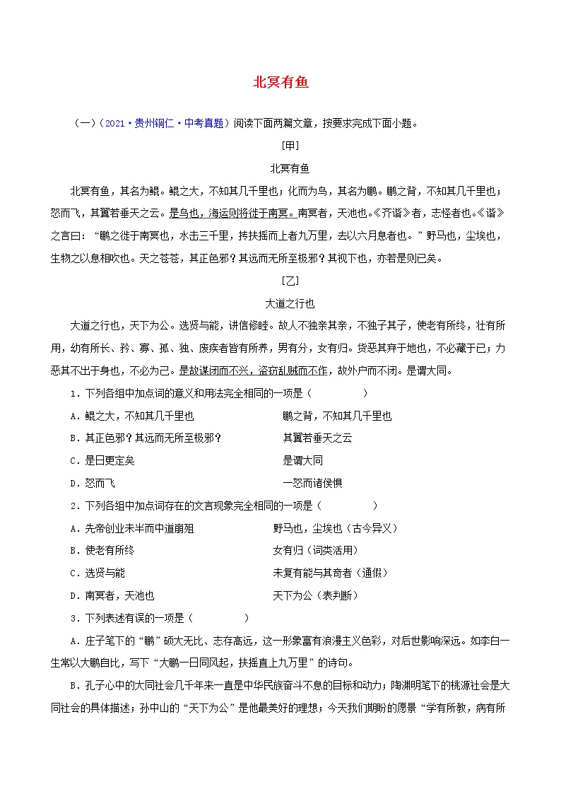初中语文中考复习 11 北冥有鱼（解析版）－备战2023年中考语文文言文必考篇目之对比阅读（通用版）