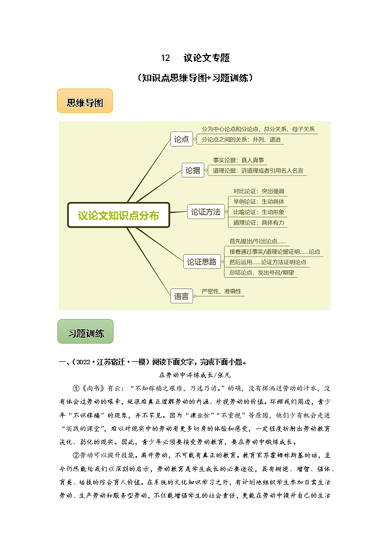 初中语文中考复习 12 议论文专题(知识点思维导图+习题训练)-备战2023年中考语文冲刺专题系列(原卷版)第1页