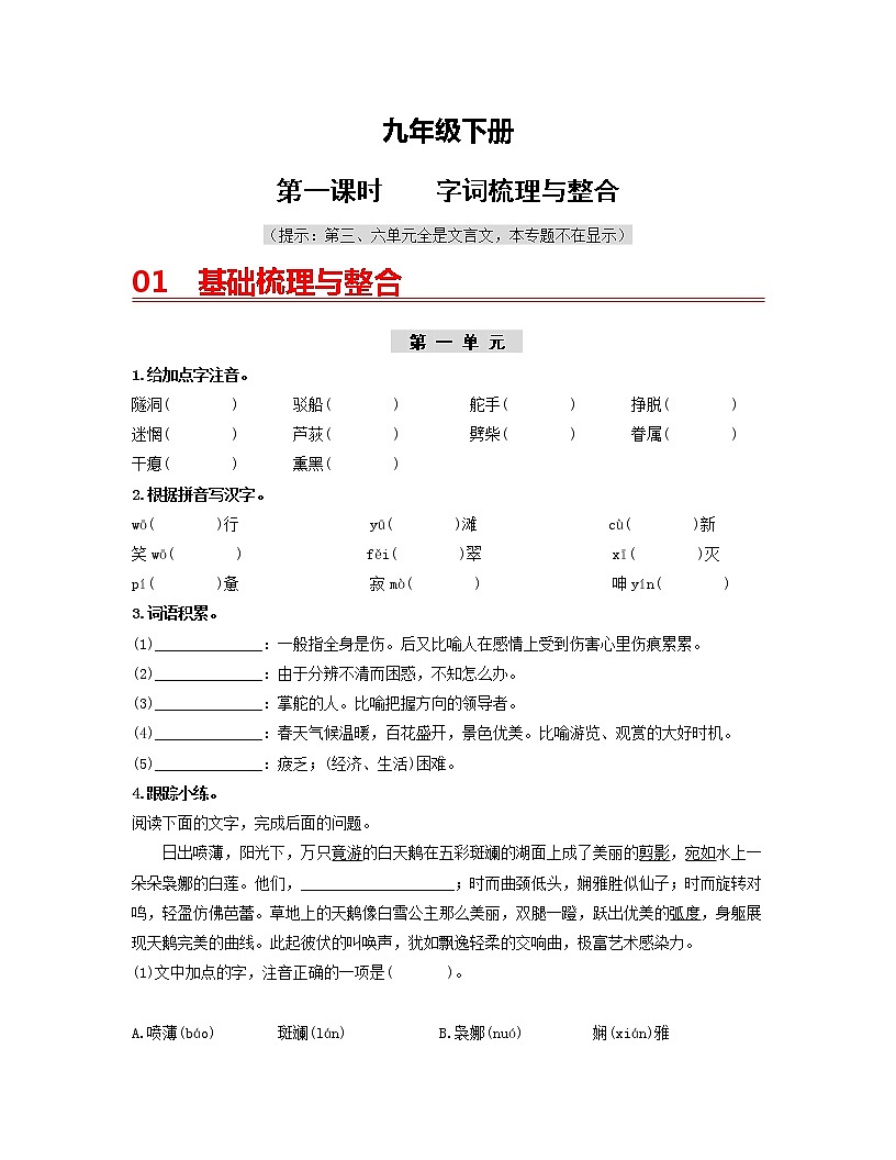 初中语文中考复习 (九下)第一课时 字词梳理与整合-2022年中考语文一轮复习过教材第1页