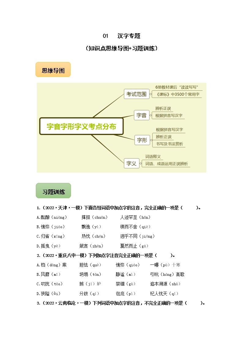 初中语文中考复习 01 汉字专题（知识点思维导图+习题训练）-备战2023年中考语文冲刺专题系列（原卷版）