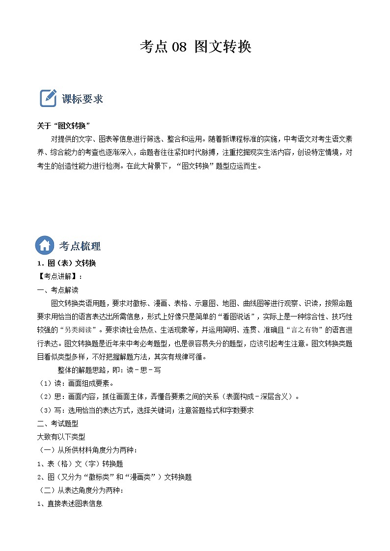 初中语文中考复习 考点08  图文转换-备战2023年中考语文一轮复习重点难点通关讲练测(原卷版)第1页