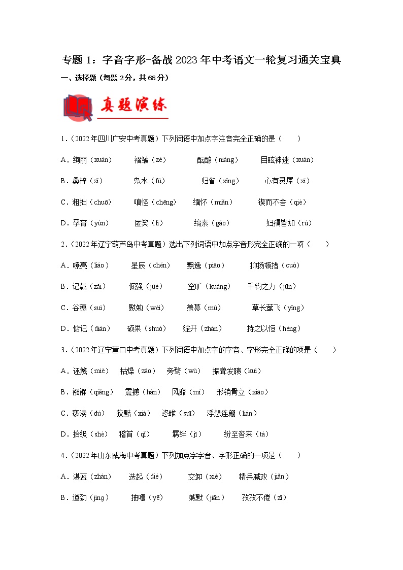 初中语文中考复习 专题01  字音字形【专题检测】-备战2023年中考语文一轮复习通关宝典（原卷版）