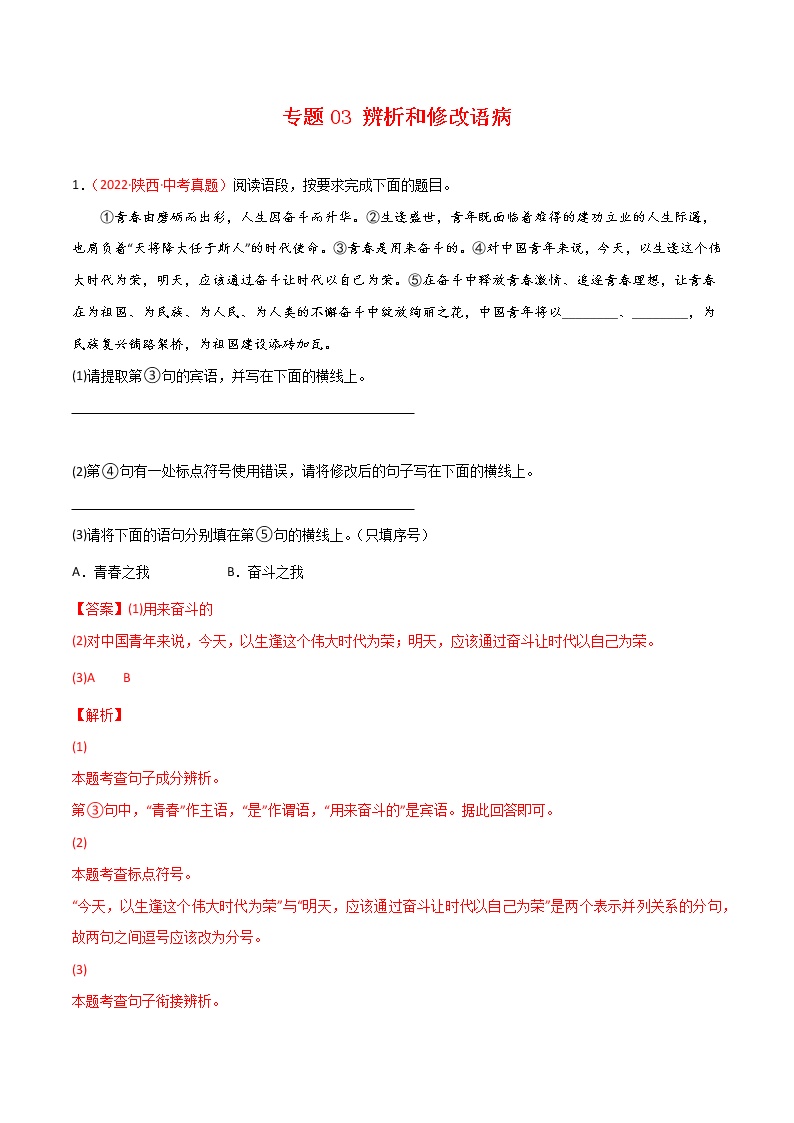 初中语文中考复习 专题03 辨析和修改语病-三年（2020-2022）中考语文真题分项汇编（全国通用）（解析版）