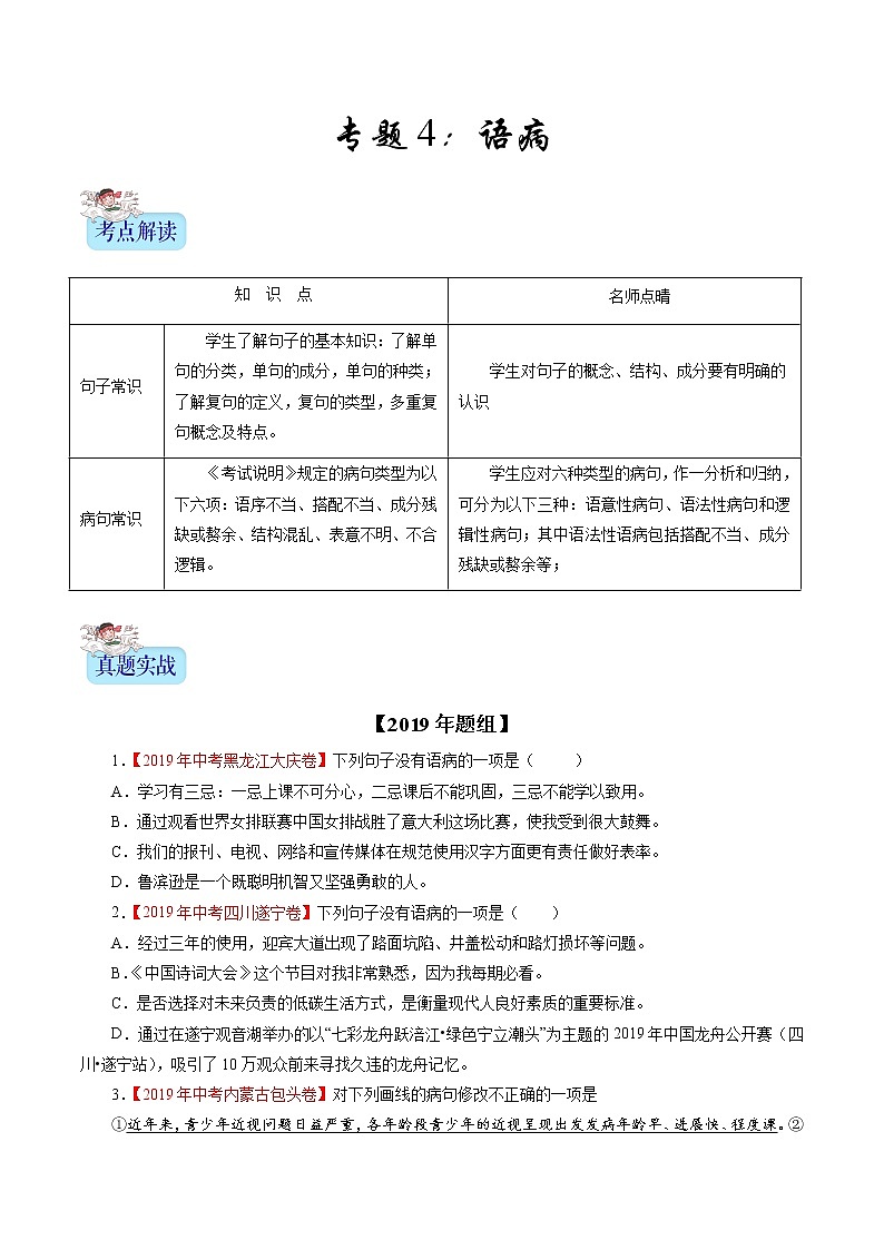 初中语文中考复习 专题04 病句(原卷版)01