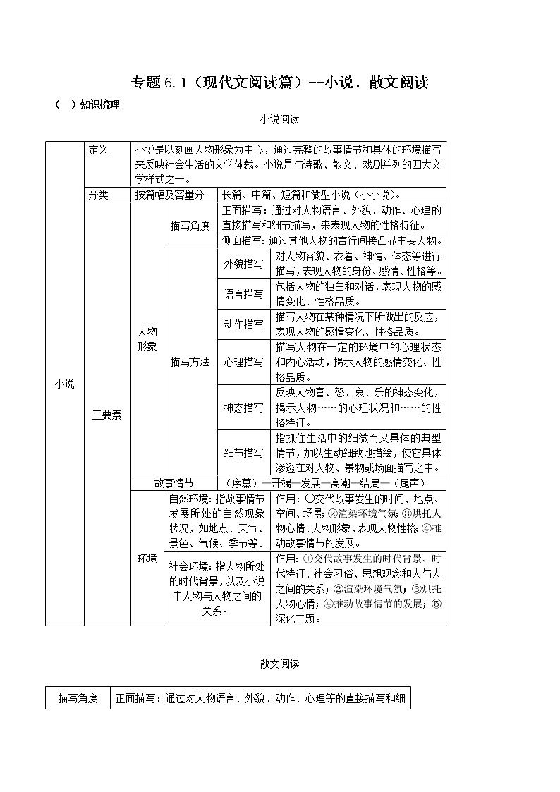 初中语文中考复习 专题6 1(现代文阅读篇)--小说、散文阅读第1页