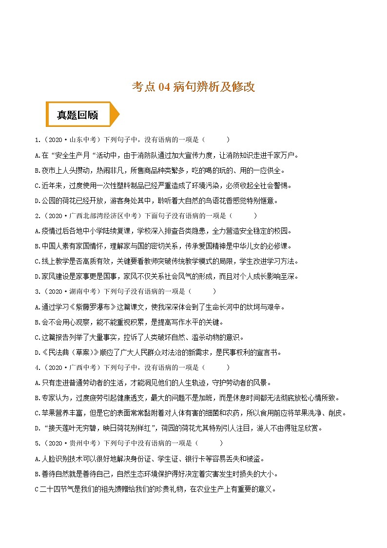 考点04 病句辨析及修改- 《三步冲刺中考%U2022语文》(全国通用)之第1步小题夯基础(原卷版)第1页