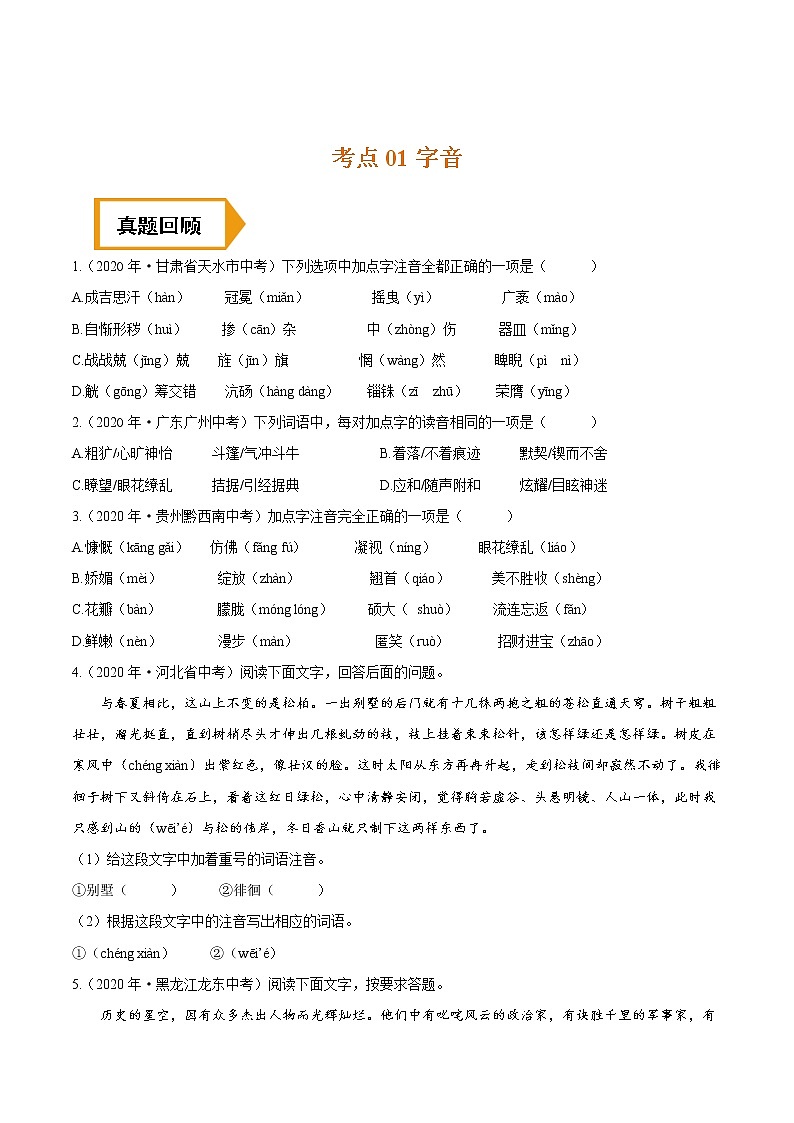 考点01 字音- 《三步冲刺中考%U2022语文》(全国通用)之第1步小题夯基础(原卷版)第1页